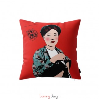 Cushion cover printed Vietnamese ethnic woman- Miss Chau/ light pink